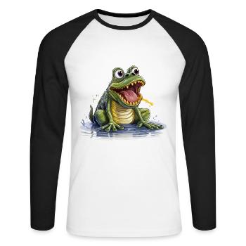 Der Flötenzungenfrosch - Unisex Baseballshirt langarm - Weiß/Schwarz - Vorne - Nik (191cm)