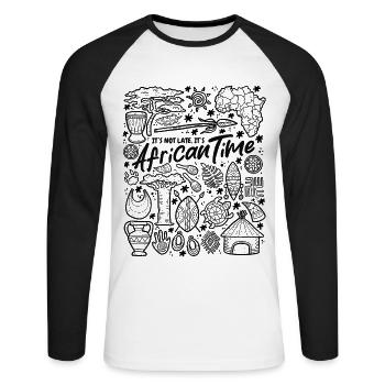 It's Not Late – It's African Time - Unisex Long Sleeve Baseball T-Shirt - white/black - Front - Nik (191cm)