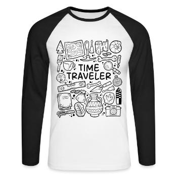 Time Traveler – Archaeology & History - Unisex Long Sleeve Baseball T-Shirt - white/black - Front - Nik (191cm)