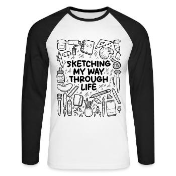 Skizziere meinen Weg durchs Leben – Kunst - Unisex Baseballshirt langarm - Weiß/Schwarz - Vorne - Nik (191cm)