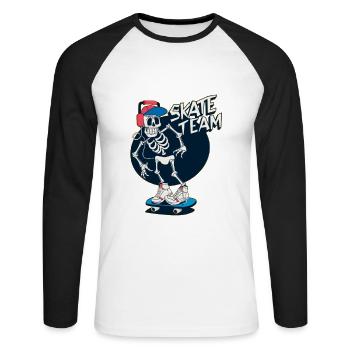 Skate Team on Bord als Skelett und mit Musik - Unisex Baseballshirt langarm - Weiß/Schwarz - Vorne - Nik (191cm)