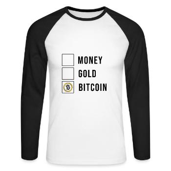 Money, gold, bitcoin - money, gold, bitcoin - Unisex Long Sleeve Baseball T-Shirt - white/black - Front - Nik (191cm)