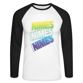 Nimes Frankreich Stadt Schrift Skyline Heimat - Unisex Baseballshirt langarm - Weiß/Schwarz - Vorne - Nik (191cm)