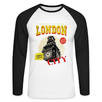 Londres Angleterre UK City Skyline Vintage Retro - T-shirt baseball manches longues Homme - blanc/noir - Devant - Nik (191cm)