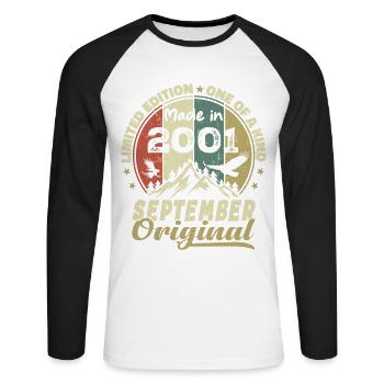 2001 – Legenden werden im September 2001 geboren - Unisex Baseballshirt langarm - Weiß/Schwarz - Vorne - Nik (191cm)