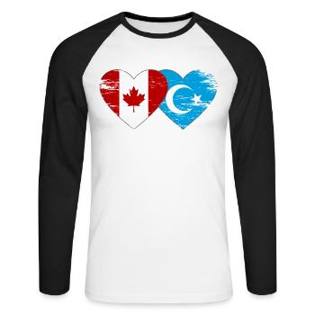 Drapeau du Canada ouïghour coeur utilisé - T-shirt baseball manches longues Homme - blanc/noir - Devant - Nik (191cm)