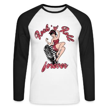 Rock n Roll forever Vintage Girl Rocknroll - Unisex Baseballshirt langarm - Weiß/Schwarz - Vorne - Nik (191cm)