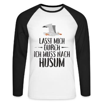 Lasst mich durch ich muss nach Husum Möwe - Unisex Baseballshirt langarm - Weiß/Schwarz - Vorne - Nik (191cm)