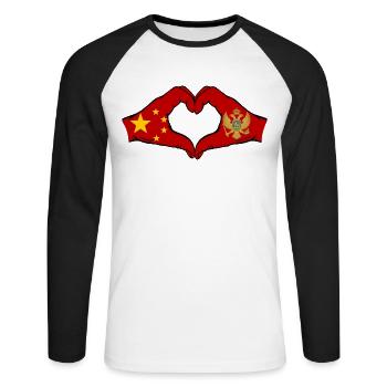 Chine Monténégro drapeau mains forme coeur - T-shirt baseball manches longues Homme - blanc/noir - Devant - Nik (191cm)