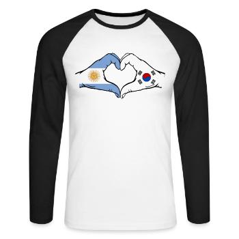 Argentina South Korea Flag Hands Heart Shape - Unisex Long Sleeve Baseball T-Shirt - white/black - Front - Nik (191cm)