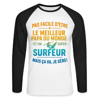Papa surfeur cadeau fête des pères Noël Surf - T-shirt baseball manches longues Homme - blanc/noir - Devant - Nik (191cm)