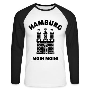 Hamburg – Moin Moin (Hamburgisch / Wappen) - Unisex Baseballshirt langarm - Weiß/Schwarz - Vorne - Nik (191cm)