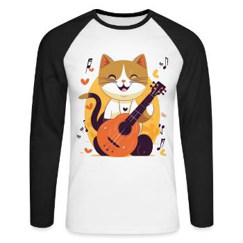 Süße Katze mit Gitarre - Unisex Baseballshirt langarm - Weiß/Schwarz - Vorne - Nik (191cm)