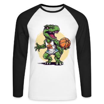 Basketball Dinosaurier T-Rex Spieler Sport Cartoon - Unisex Baseballshirt langarm - Weiß/Schwarz - Vorne - Nik (191cm)