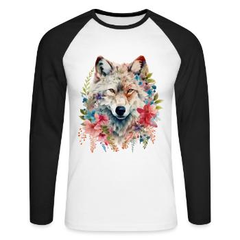 Wolf Wolfskopf Blumen Natur Wildnis Aquarell Kunst - Unisex Baseballshirt langarm - Weiß/Schwarz - Vorne - Nik (191cm)