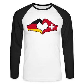Deutschland Schweiz Flagge Hände Herzform - Unisex Baseballshirt langarm - Weiß/Schwarz - Vorne - Nik (191cm)