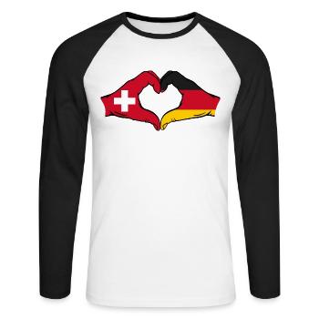 Switzerland Germany Flag Hands Heart Shape - Unisex Long Sleeve Baseball T-Shirt - white/black - Front - Nik (191cm)