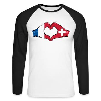 France Suisse Drapeau Mains Coeur Forme Utilisé - T-shirt baseball manches longues Homme - blanc/noir - Devant - Nik (191cm)