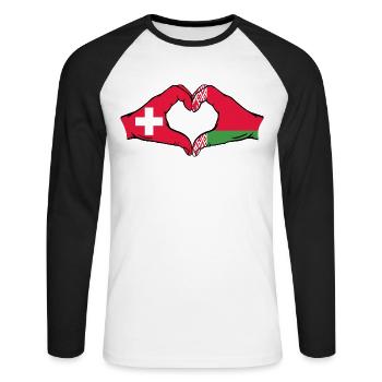 Schweiz Belarus Flagge Hände Herzform - Unisex Baseballshirt langarm - Weiß/Schwarz - Vorne - Nik (191cm)