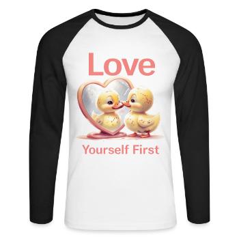 Cartoon Duck Admiring Reflection In Heart mirror - Unisex Long Sleeve Baseball T-Shirt - white/black - Front - Nik (191cm)