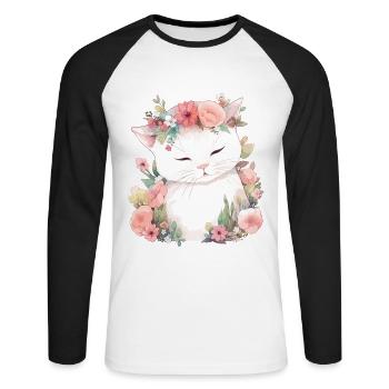 Katze Blumen Aquarell Zeichnung Kunst Bunt Floral - Unisex Baseballshirt langarm - Weiß/Schwarz - Vorne - Nik (191cm)