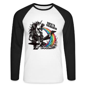 Rocker Heavy Metal Unicorn Pukes Rainbow - Unisex Long Sleeve Baseball T-Shirt - white/black - Front - Nik (191cm)