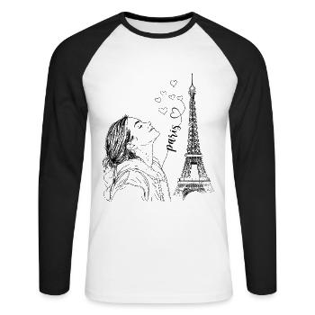 Paris Tour Eiffel France Femme Coeurs Line Art - T-shirt baseball manches longues Homme - blanc/noir - Devant - Nik (191cm)