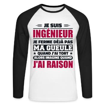 Ingénieur Humour Cadeau Etudiant Ingenieur - T-shirt baseball manches longues Homme - blanc/noir - Devant - Nik (191cm)