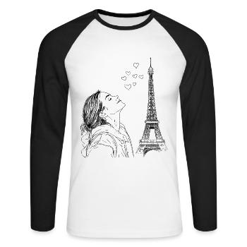 Paris Tour Eiffel France Femme Coeurs Line Art - T-shirt baseball manches longues Homme - blanc/noir - Devant - Nik (191cm)