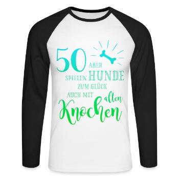 50 Hunde spielen zum Glück auch mit alten Knochen - Unisex Baseballshirt langarm - Weiß/Schwarz - Vorne - Nik (191cm)