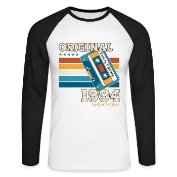 30e anniversaire mari février Vintage 1994 Cassette - T-shirt baseball manches longues Homme - blanc/noir - Devant - Nik (191cm)