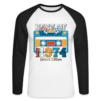 Anniversaire 1974 Mai 1974 Millésime 1974 Légende 74 - T-shirt baseball manches longues Homme - blanc/noir - Devant - Nik (191cm)