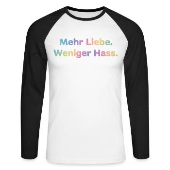 Mehr Liebe Shirt Sticker für Frauen und Männer - Unisex Baseballshirt langarm - Weiß/Schwarz - Vorne - Nik (191cm)