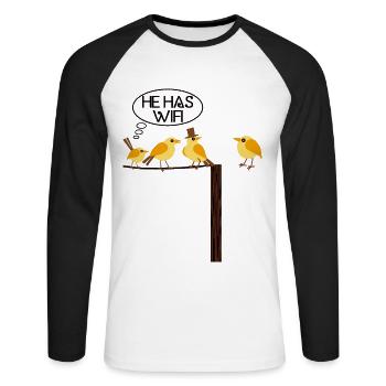 WLAN WIFI Vogel online Informatik - Unisex Baseballshirt langarm - Weiß/Schwarz - Vorne - Nik (191cm)