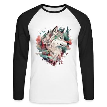 Wolf Wolfskopf Natur Wildnis Wald Bäume Kunst - Unisex Baseballshirt langarm - Weiß/Schwarz - Vorne - Nik (191cm)