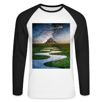 Abbaye du Mont-Saint-Michel, France - T-shirt baseball manches longues Homme - blanc/noir - Devant - Nik (191cm)