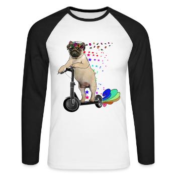 Mops mit Blumenkranz auf Escooter Electricscooter - Unisex Baseballshirt langarm - Weiß/Schwarz - Vorne - Nik (191cm)