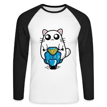 Katze Motorroller - Unisex Baseballshirt langarm - Weiß/Schwarz - Vorne - Nik (191cm)