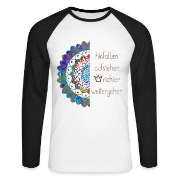 Hinfallen Aufstehen Krone richten Mandala Blume - Unisex Baseballshirt langarm - Weiß/Schwarz - Vorne - Nik (191cm)