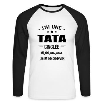 J'AI UNE TATA CINGLÉE - T-shirt baseball manches longues Homme - blanc/noir - Devant - Nik (191cm)
