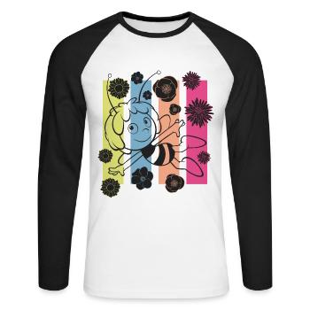 Biene Maja Blumen und Streifen - Unisex Baseballshirt langarm - Weiß/Schwarz - Vorne - Nik (191cm)