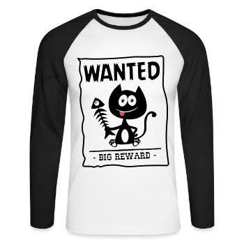 Chat Wanted ! Chat recherché par la police, humour - T-shirt baseball manches longues Homme - blanc/noir - Devant - Nik (191cm)