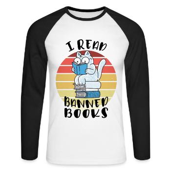 J’ai lu des livres interdits Cat - T-shirt baseball manches longues Homme - blanc/noir - Devant - Nik (191cm)