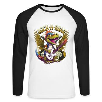 Dino E-Gitarre Gitarrist Dinosaurier Musik Band - Unisex Baseballshirt langarm - Weiß/Schwarz - Vorne - Nik (191cm)