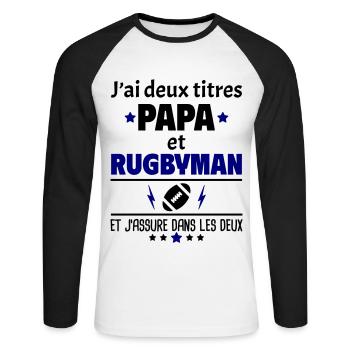 Deux titres papa et rugbyman - T-shirt baseball manches longues Homme - blanc/noir - Devant - Nik (191cm)
