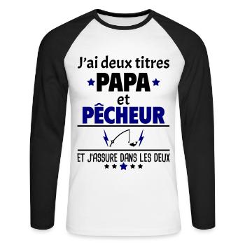 Deux titres papa et pêcheur,fête des pères, noël - T-shirt baseball manches longues Homme - blanc/noir - Devant - Nik (191cm)