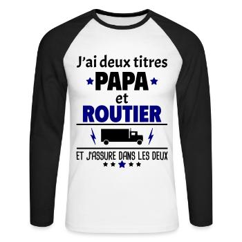 Deux titres papa et routier, fête des pères, noël - T-shirt baseball manches longues Homme - blanc/noir - Devant - Nik (191cm)