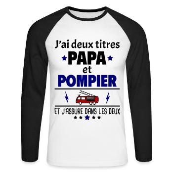 Deux titres papa et pompier, fête des pères, noël - T-shirt baseball manches longues Homme - blanc/noir - Devant - Nik (191cm)