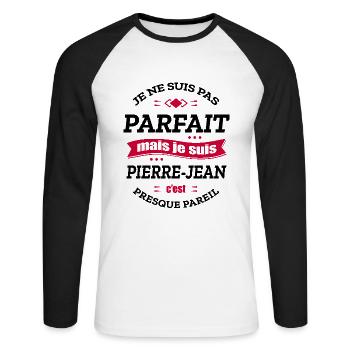 PIERRE-JEAN PARFAIT - PRENOM PIERRE-JEAN - T-shirt baseball manches longues Homme - blanc/noir - Devant - Nik (191cm)