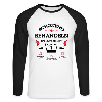 SCHONEND BEHANDELN 1 JAHR GEBURTSTAG BABY - Unisex Baseballshirt langarm - Weiß/Schwarz - Vorne - Nik (191cm)